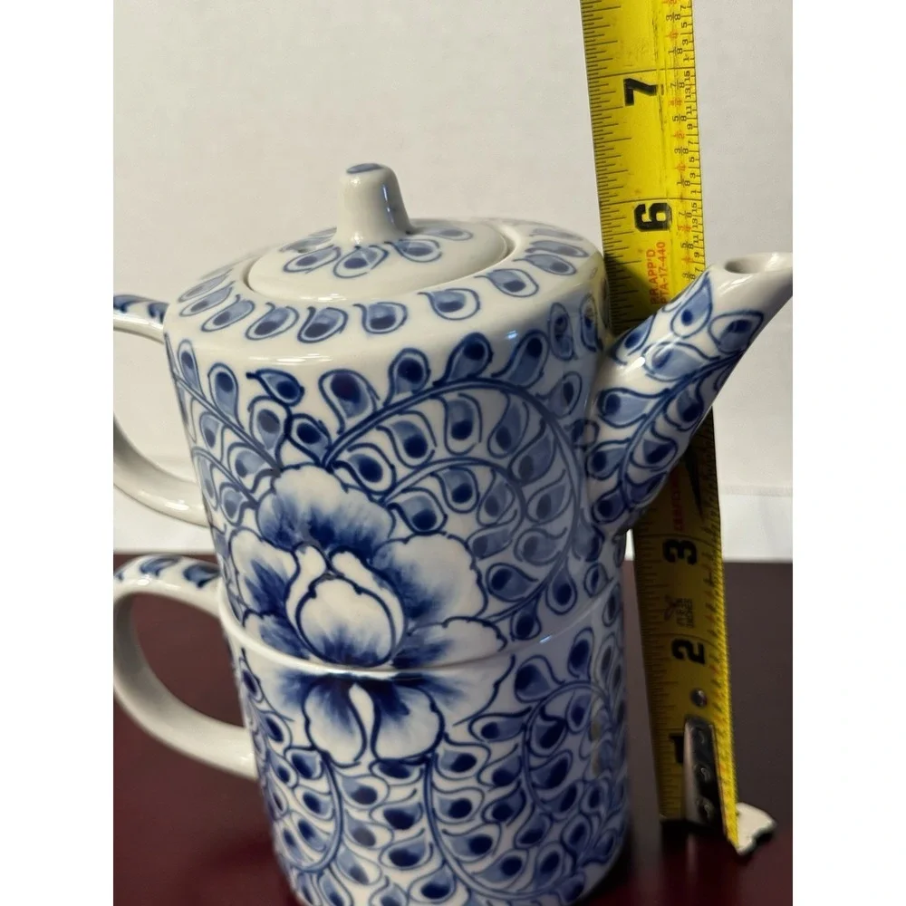 Blue and White Floral Tea-for-One Set Delft Style Tea Pot and Cup